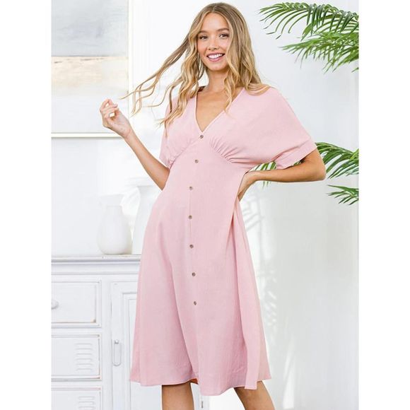 Pink Short Sleeve V-Neck Button Down Midi Dress - Picture 1 of 4